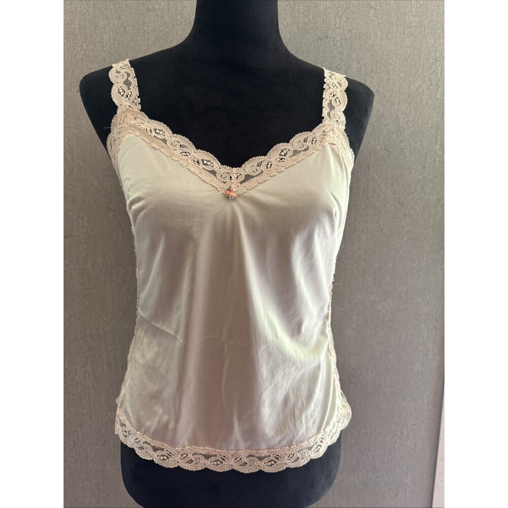 Vintage 70s Olga Camisole Lace Side Ribbon Cream Rosette Tank Size 32 Style 929